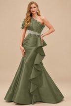 Rutipo Olive Green A-Line One-Shoulder Sleeveless Floor-Length Satin Prom Dresses With Ruffle