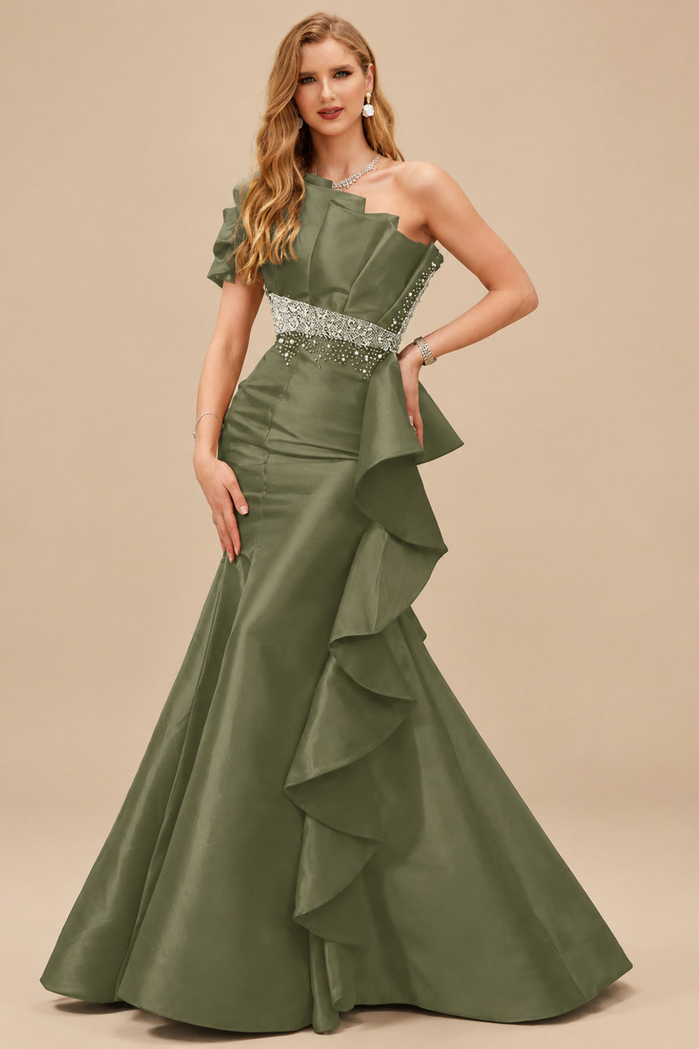 Rutipo Olive Green A-Line One-Shoulder Sleeveless Floor-Length Satin Prom Dresses With Ruffle