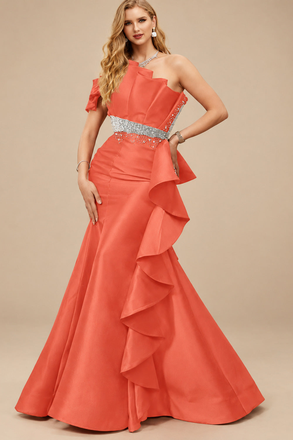 Rutipo Papaya A-Line One-Shoulder Sleeveless Floor-Length Satin Prom Dresses With Ruffle