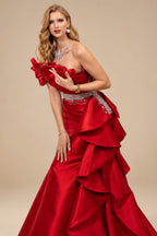 Rutipo Red A-Line One-Shoulder Sleeveless Floor-Length Satin Prom Dresses With Ruffle