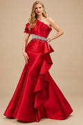 Rutipo Red A-Line One-Shoulder Sleeveless Floor-Length Satin Prom Dresses With Ruffle