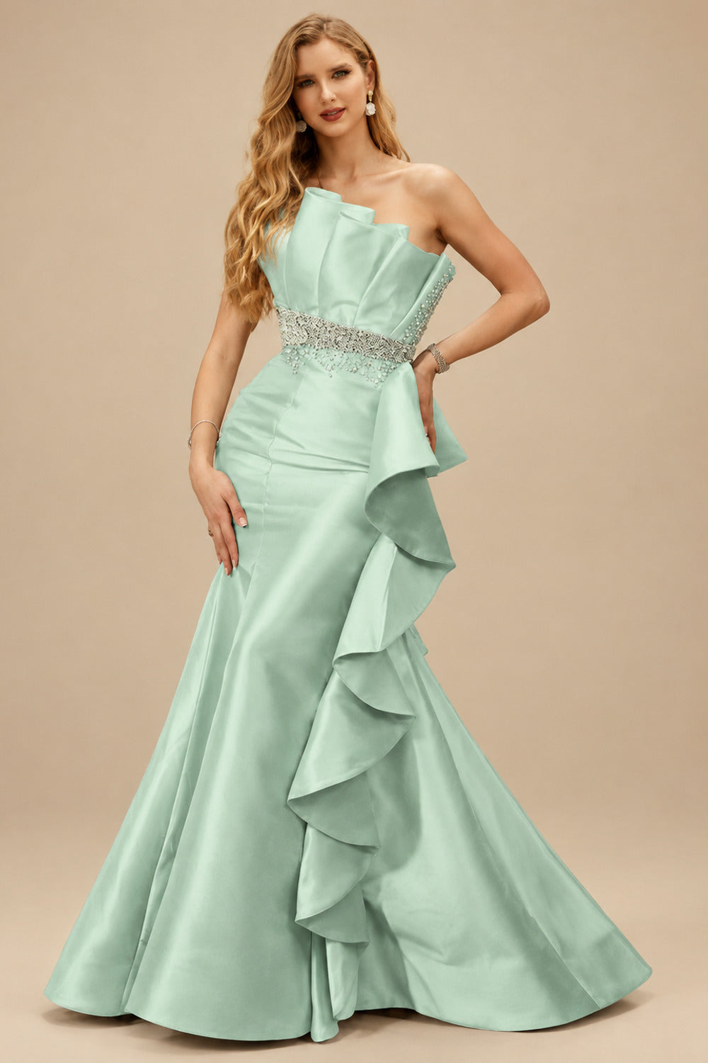 Rutipo Sage Green A-Line One-Shoulder Sleeveless Floor-Length Satin Prom Dresses With Ruffle