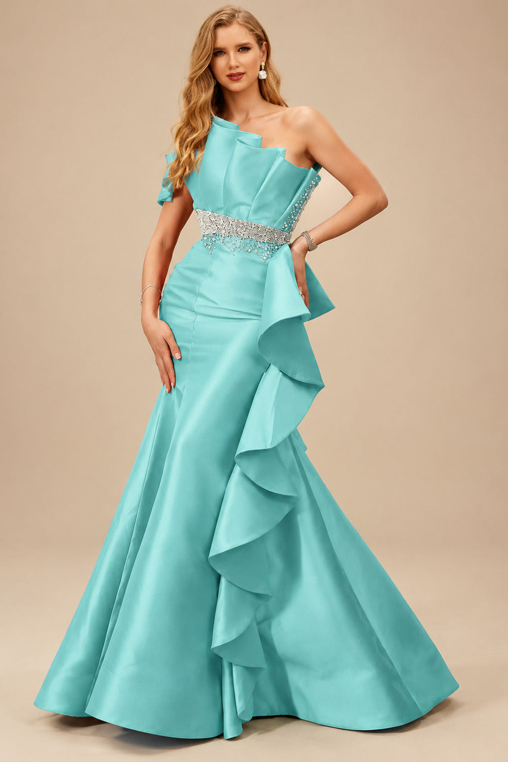 Rutipo Spa A-Line One-Shoulder Sleeveless Floor-Length Satin Prom Dresses With Ruffle