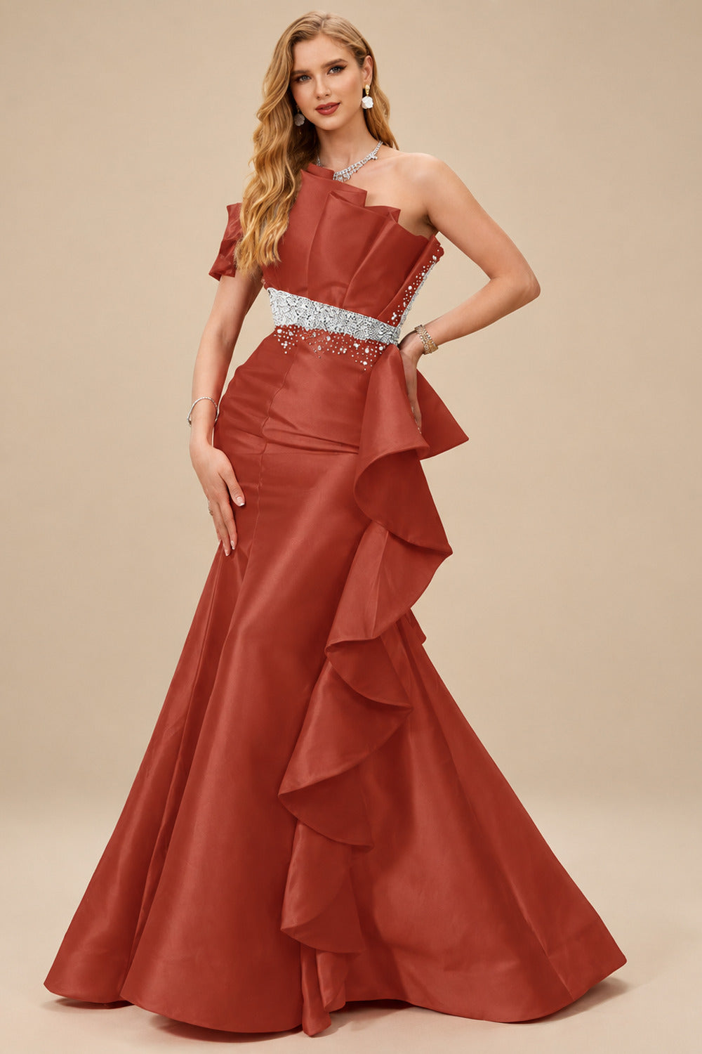 Rutipo Vermilion A-Line One-Shoulder Sleeveless Floor-Length Satin Prom Dresses With Ruffle