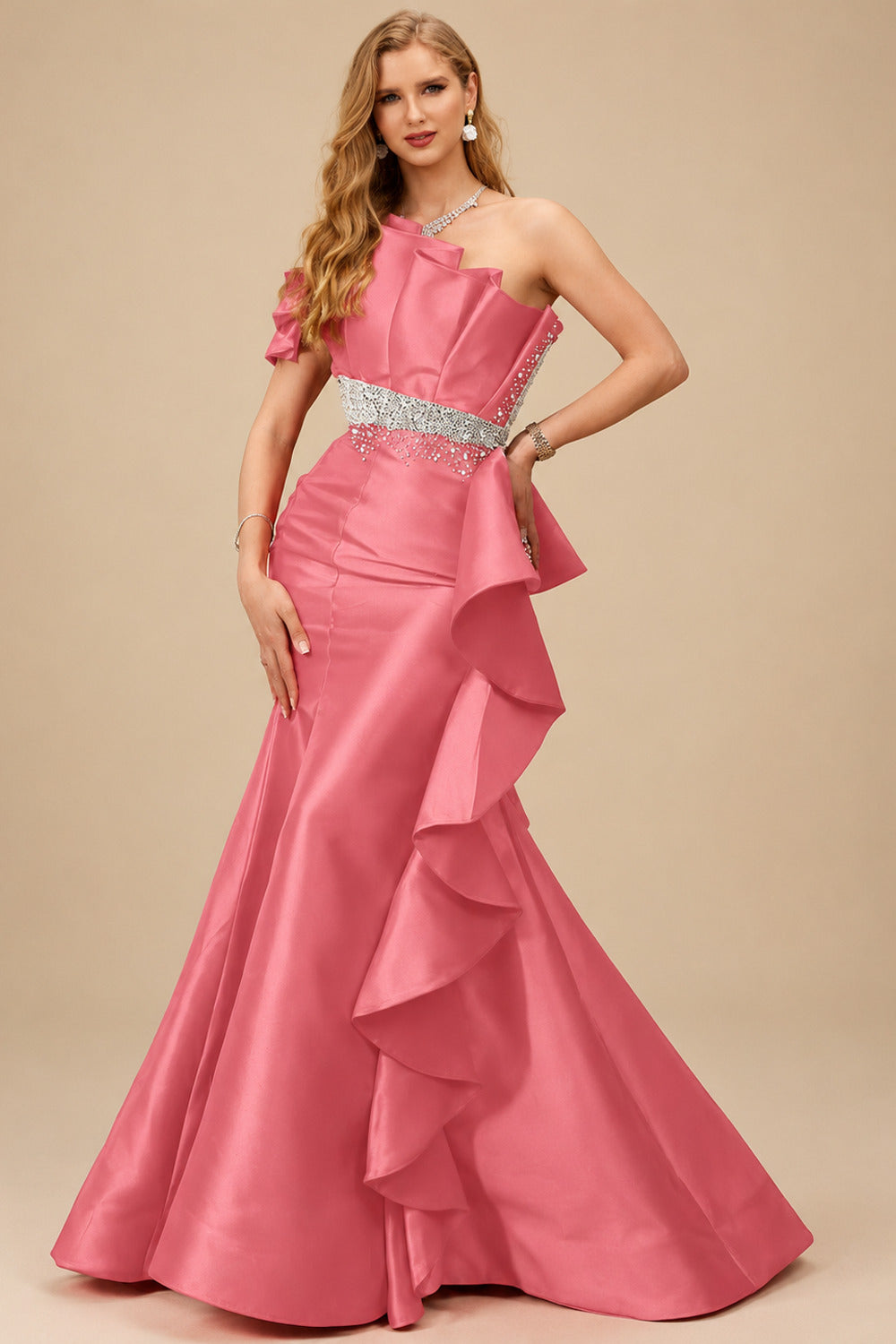 Rutipo Watermelon A-Line One-Shoulder Sleeveless Floor-Length Satin Prom Dresses With Ruffle