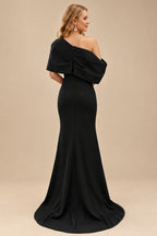 Rutipo Black Sheath/Column One-Shoulder Elastic Satin Prom Dresses With Split Front