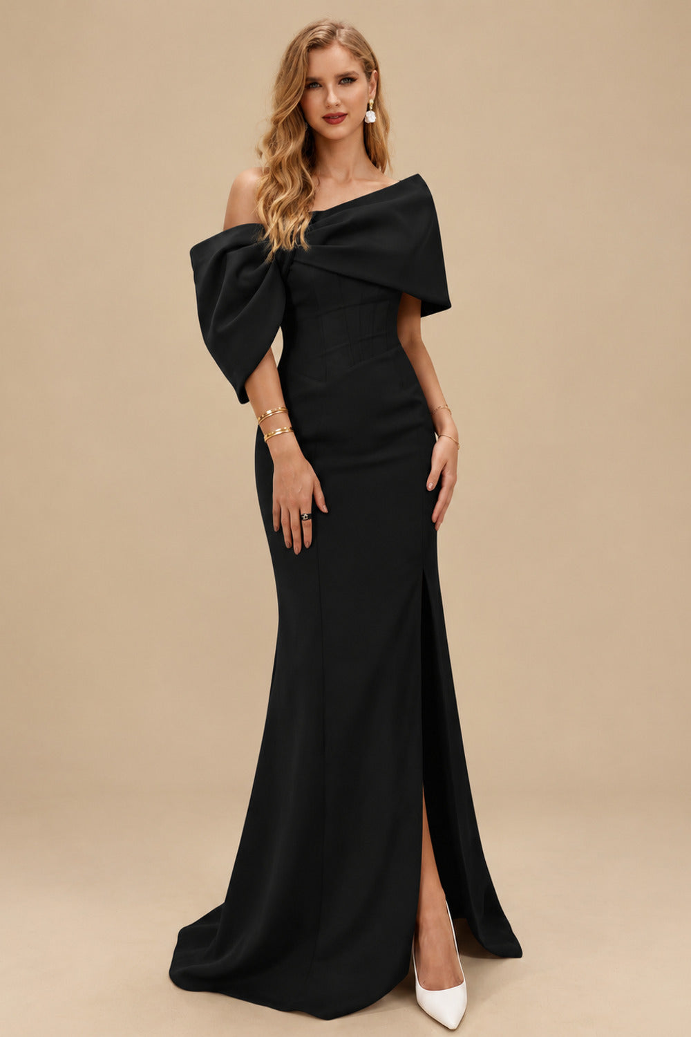 Rutipo Black Sheath/Column One-Shoulder Elastic Satin Prom Dresses With Split Front