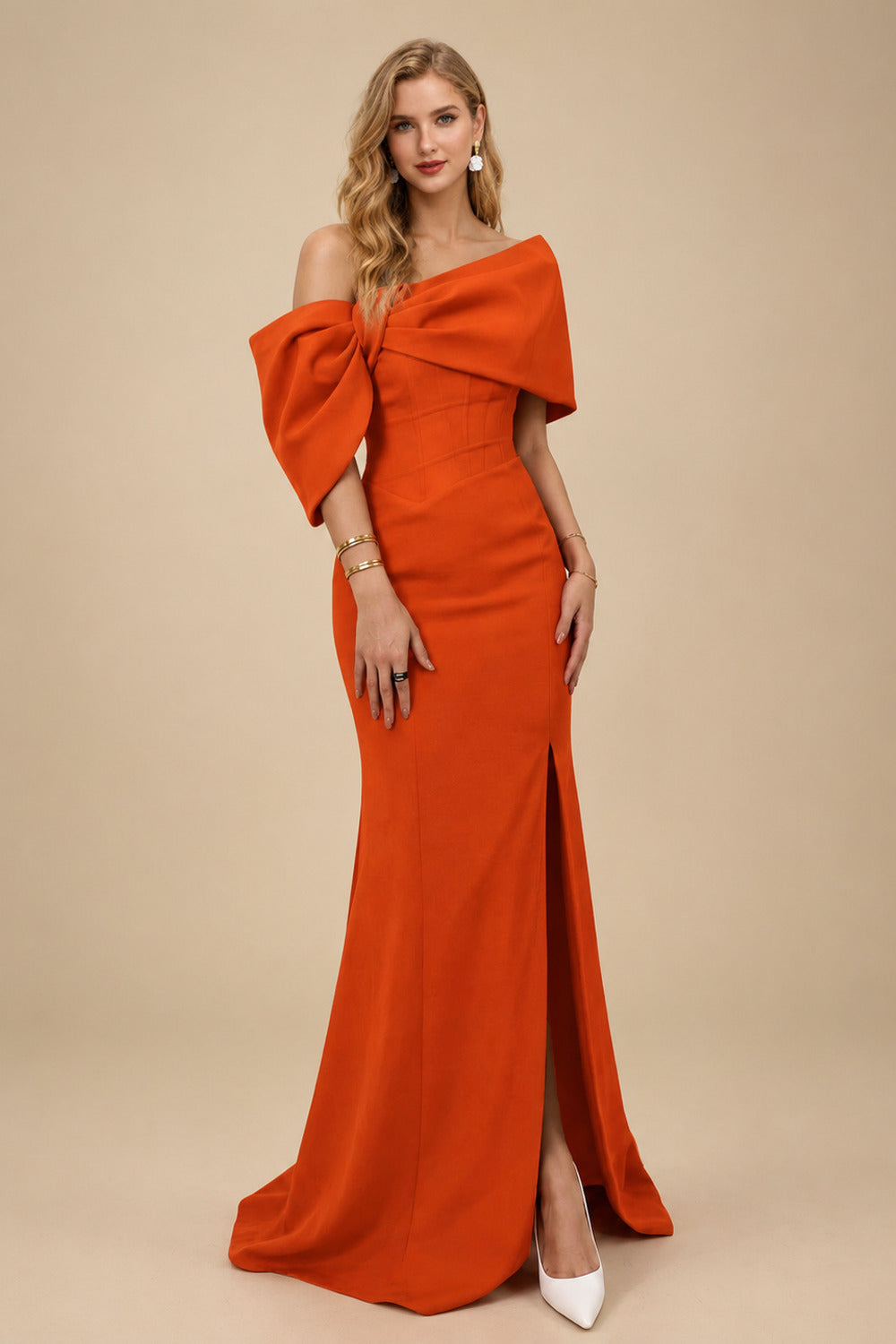 Rutipo Burnt Orange Sheath/Column One-Shoulder Elastic Satin Prom Dresses With Split Front