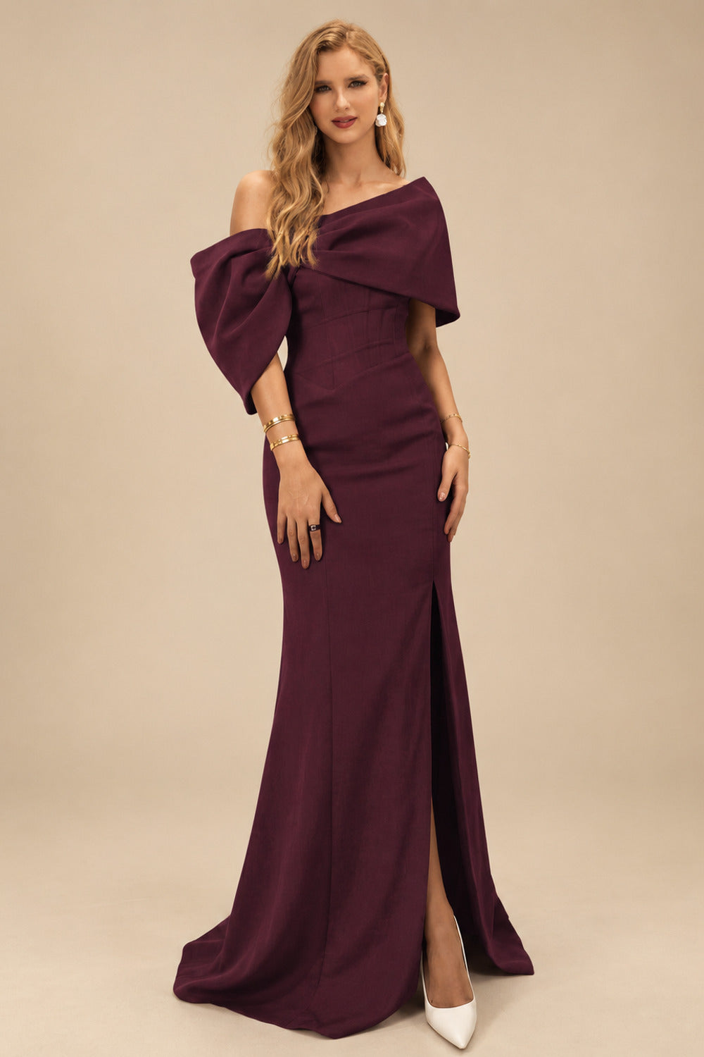 Rutipo Cabernet Sheath/Column One-Shoulder Elastic Satin Prom Dresses With Split Front