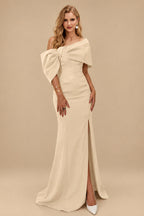 Rutipo Champagne Sheath/Column One-Shoulder Elastic Satin Prom Dresses With Split Front