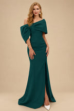 Rutipo Dark Green Sheath/Column One-Shoulder Elastic Satin Prom Dresses With Split Front