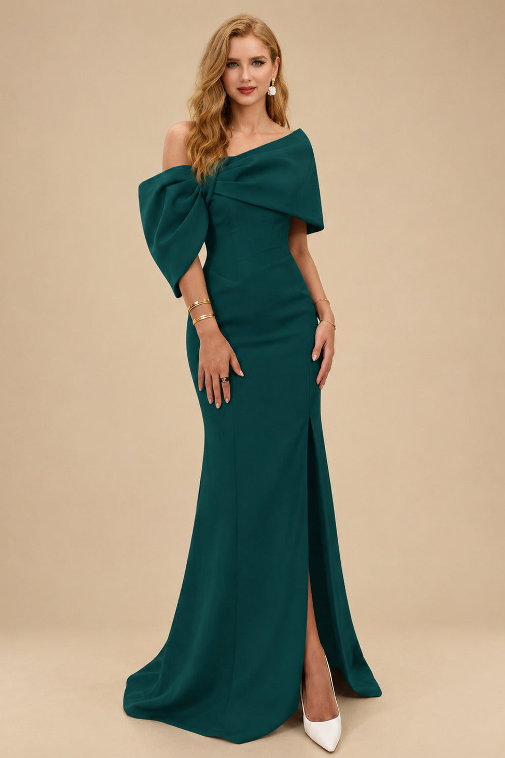 Rutipo Dark Green Sheath/Column One-Shoulder Elastic Satin Prom Dresses With Split Front