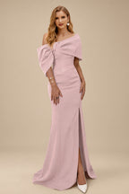 Rutipo Dusty Rose Sheath/Column One-Shoulder Elastic Satin Prom Dresses With Split Front