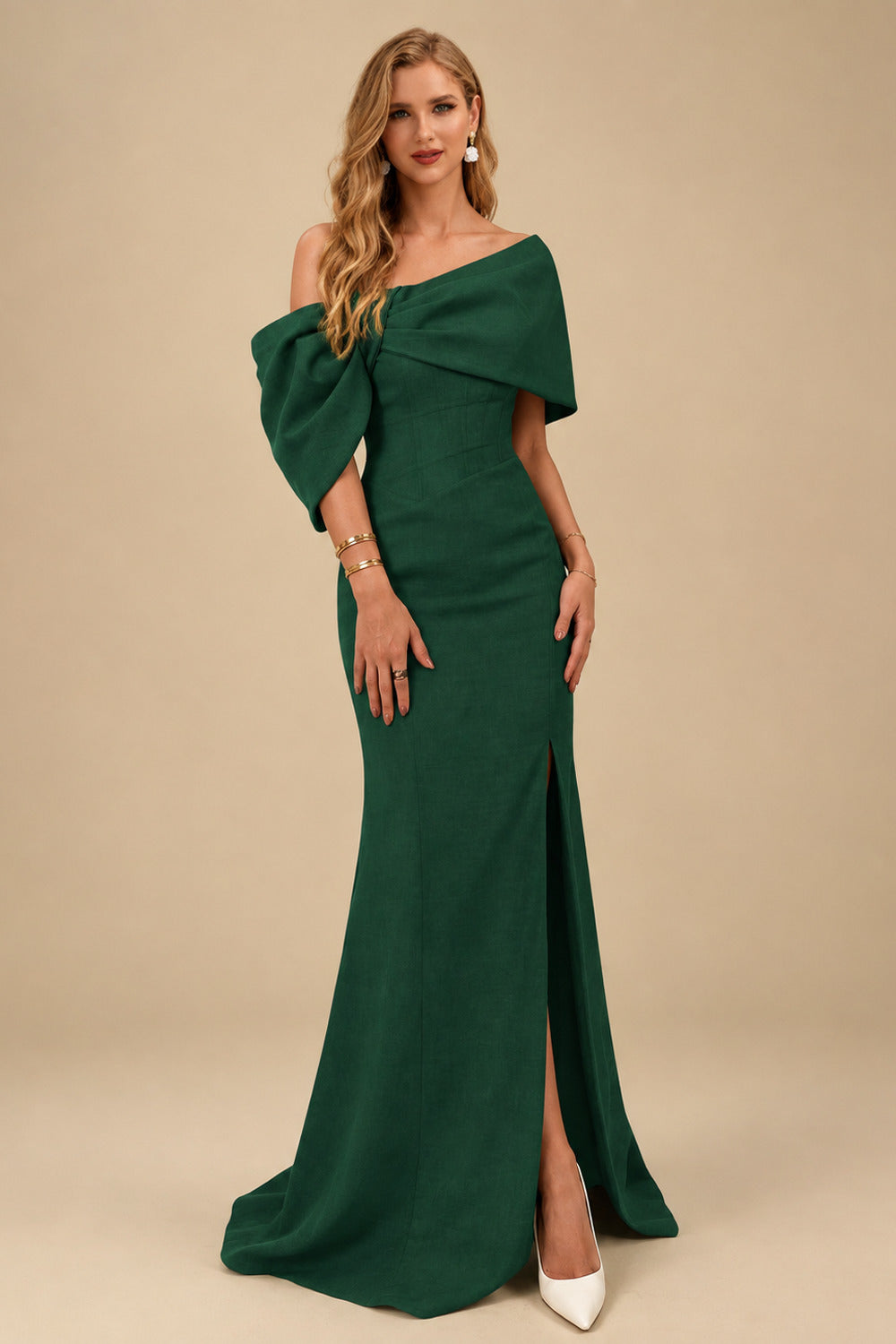 Rutipo Hunter Green Sheath/Column One-Shoulder Elastic Satin Prom Dresses With Split Front