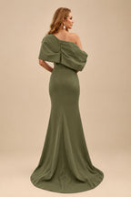 Rutipo Olive Green Sheath/Column One-Shoulder Elastic Satin Prom Dresses With Split Front
