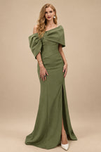 Rutipo Olive Green Sheath/Column One-Shoulder Elastic Satin Prom Dresses With Split Front