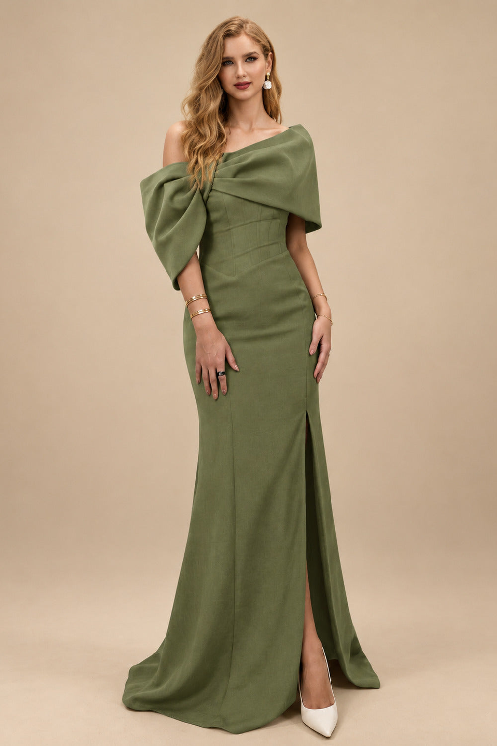 Rutipo Olive Green Sheath/Column One-Shoulder Elastic Satin Prom Dresses With Split Front