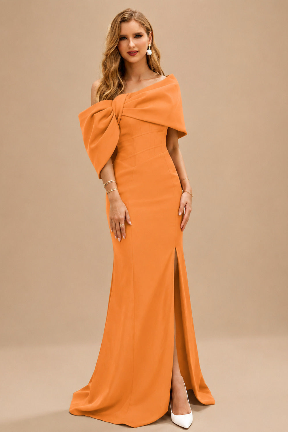 Rutipo Orange Sheath/Column One-Shoulder Elastic Satin Prom Dresses With Split Front
