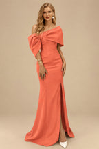 Rutipo Papaya Sheath/Column One-Shoulder Elastic Satin Prom Dresses With Split Front