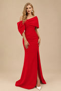 Rutipo Red Sheath/Column One-Shoulder Elastic Satin Prom Dresses With Split Front
