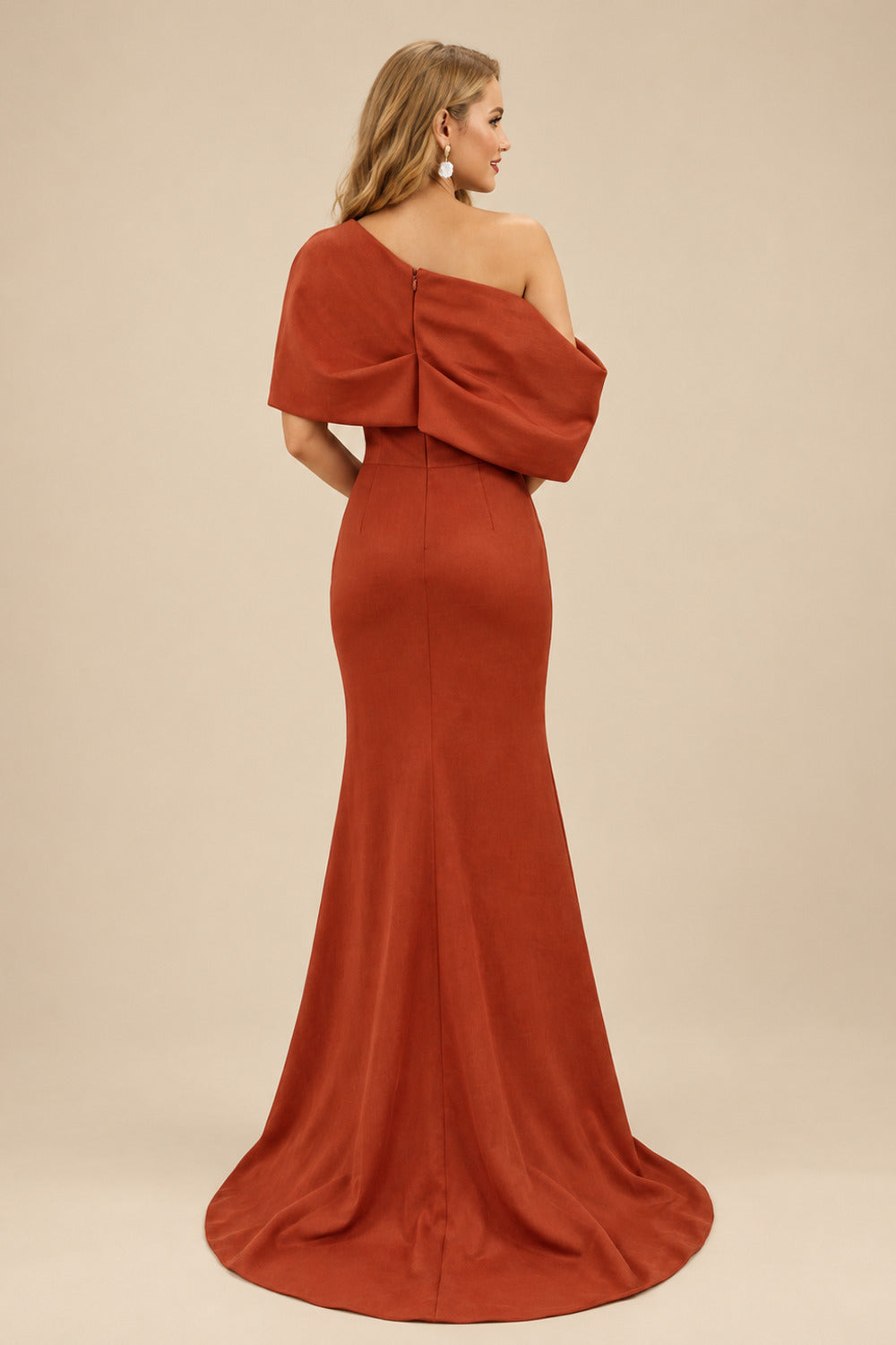 Rutipo Terracotta Sheath/Column One-Shoulder Elastic Satin Prom Dresses With Split Front
