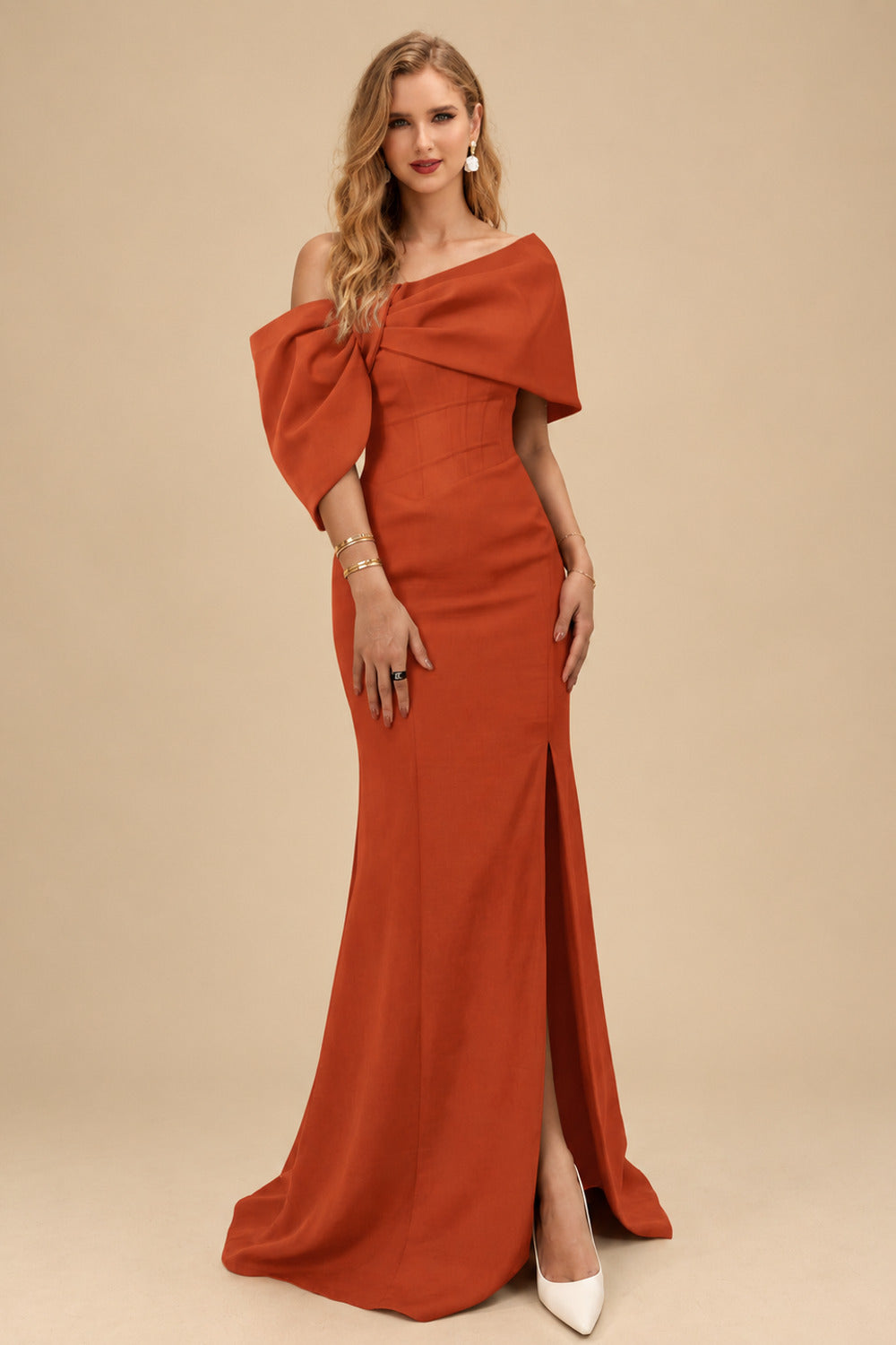 Rutipo Terracotta Sheath/Column One-Shoulder Elastic Satin Prom Dresses With Split Front