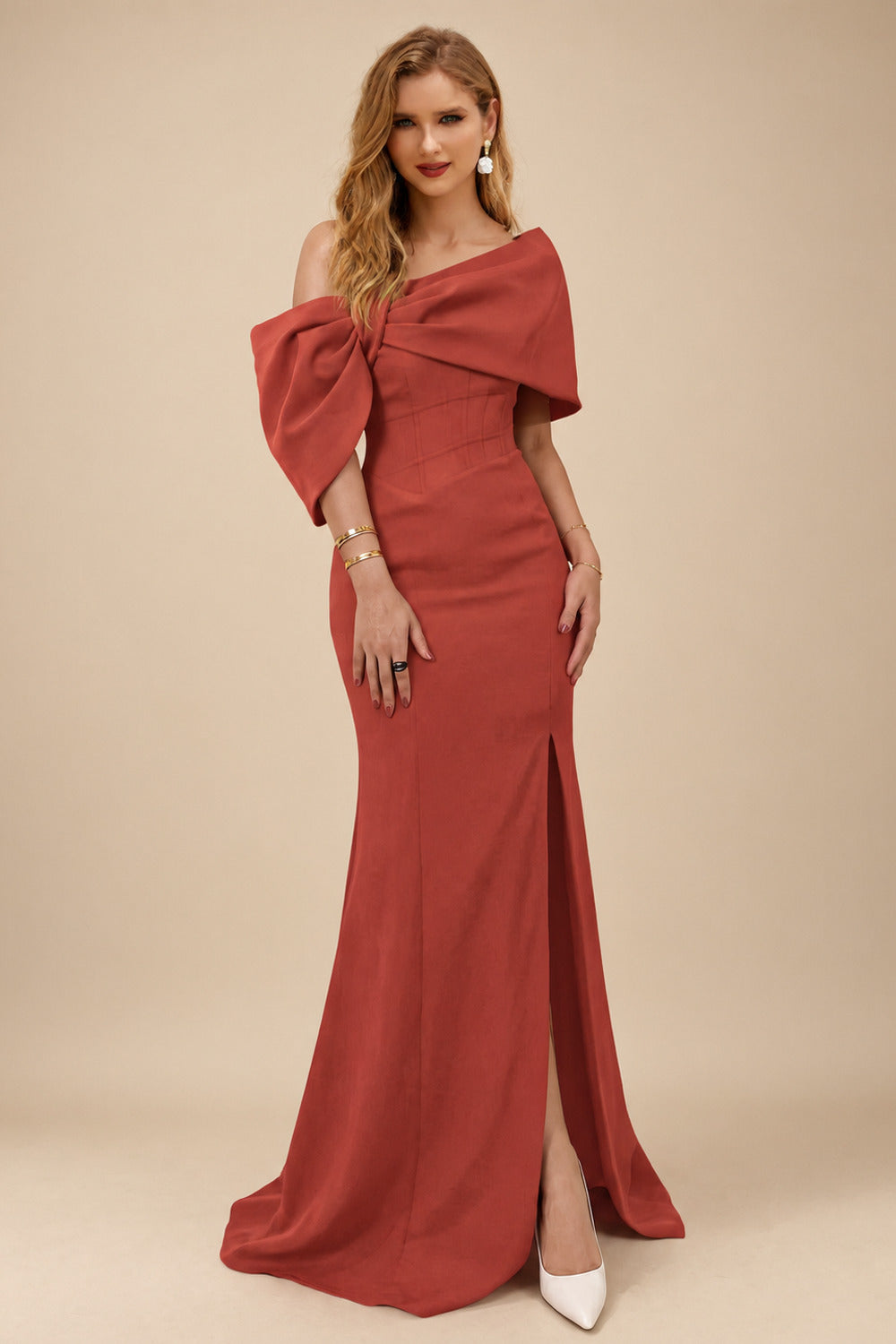 Rutipo Vermilion Sheath/Column One-Shoulder Elastic Satin Prom Dresses With Split Front