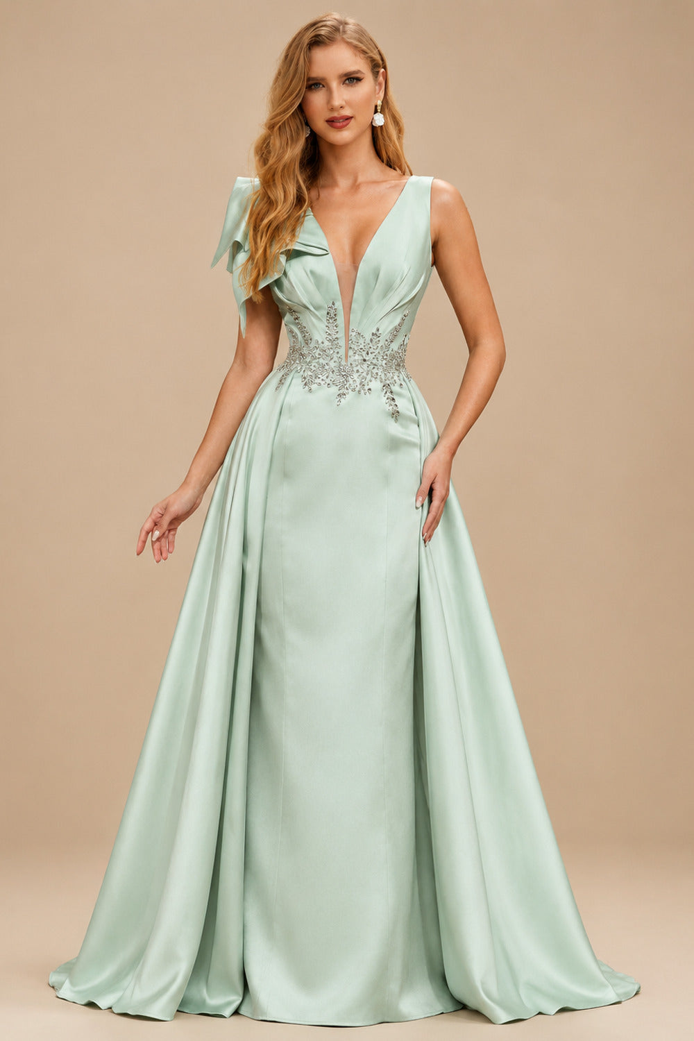 Rutipo Sage Green Sheath/Column V-Neck Sleeveless Sweep Train Satin Prom Dresses With Sequins