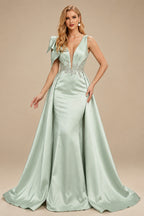 Rutipo Sage Green Sheath/Column V-Neck Sleeveless Sweep Train Satin Prom Dresses With Sequins