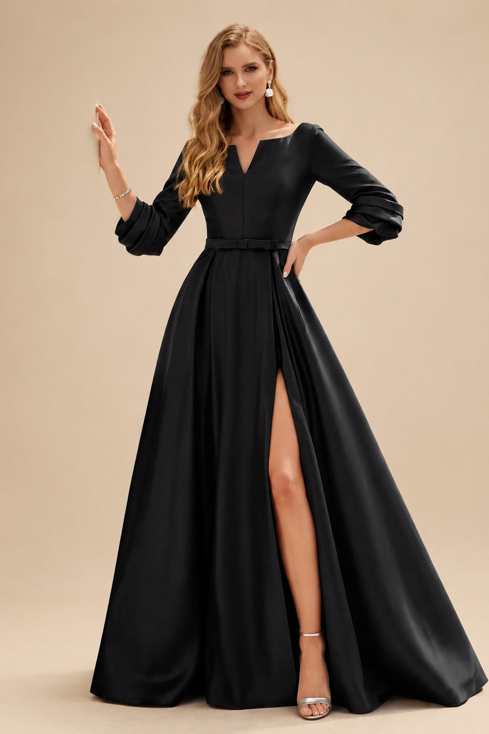 Rutipo Black A-Line V-Neck 3/4 Sleeves Floor-Length Satin Prom Dresses With High Split