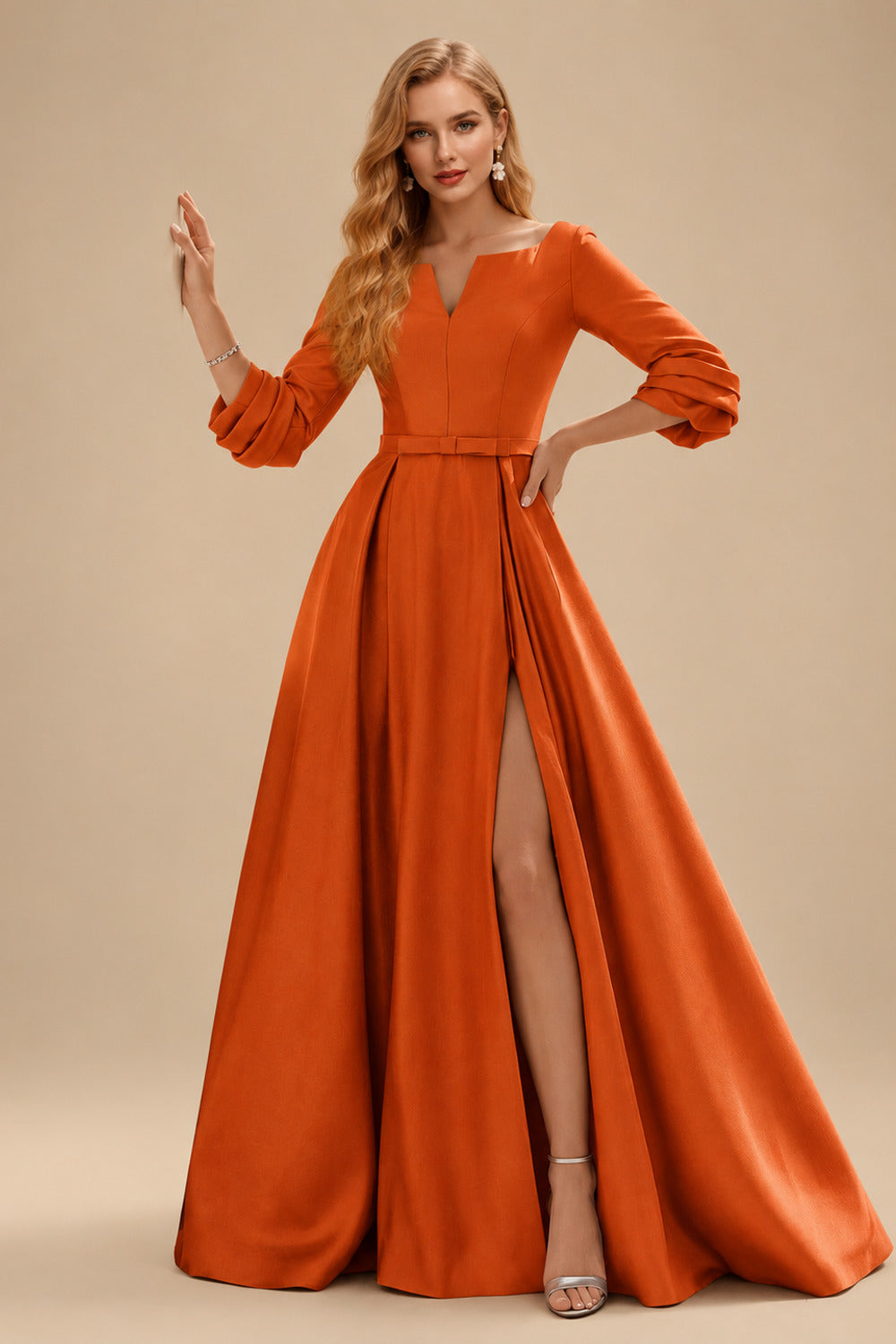 Rutipo Burnt Orange A-Line V-Neck 3/4 Sleeves Floor-Length Satin Prom Dresses With High Split