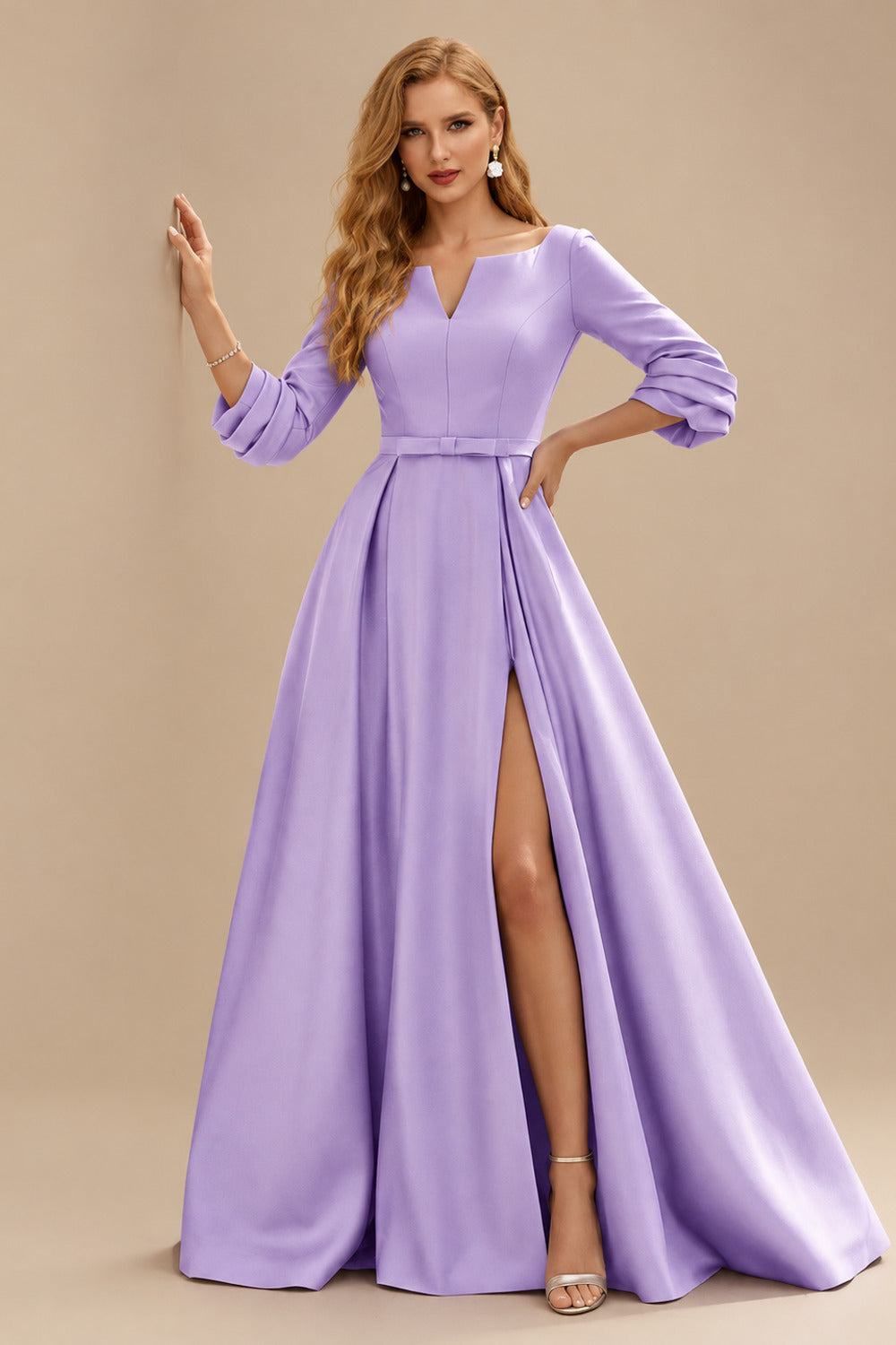 Rutipo Lilac A-Line V-Neck 3/4 Sleeves Floor-Length Satin Prom Dresses With High Split