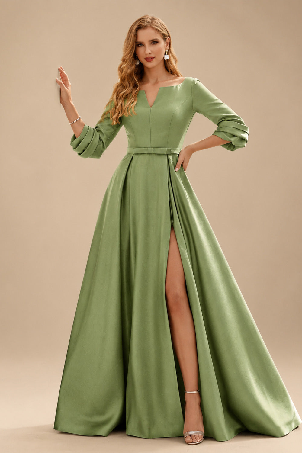 Rutipo Moss Green A-Line V-Neck 3/4 Sleeves Floor-Length Satin Prom Dresses With High Split