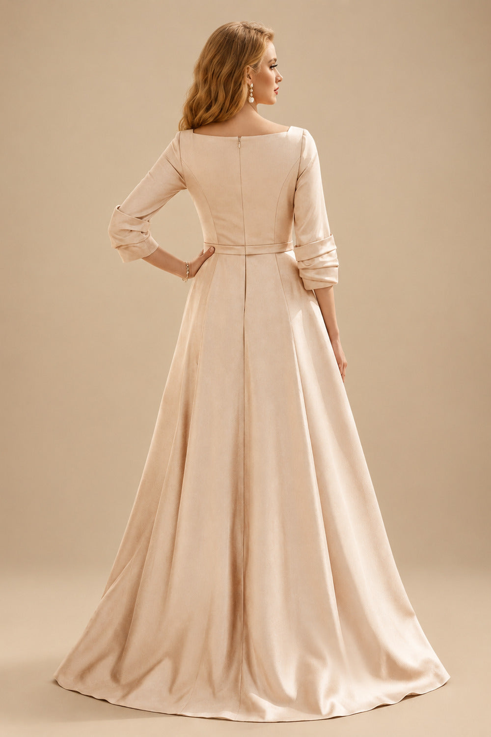 Rutipo Rose Gold A-Line V-Neck 3/4 Sleeves Floor-Length Satin Prom Dresses With High Split