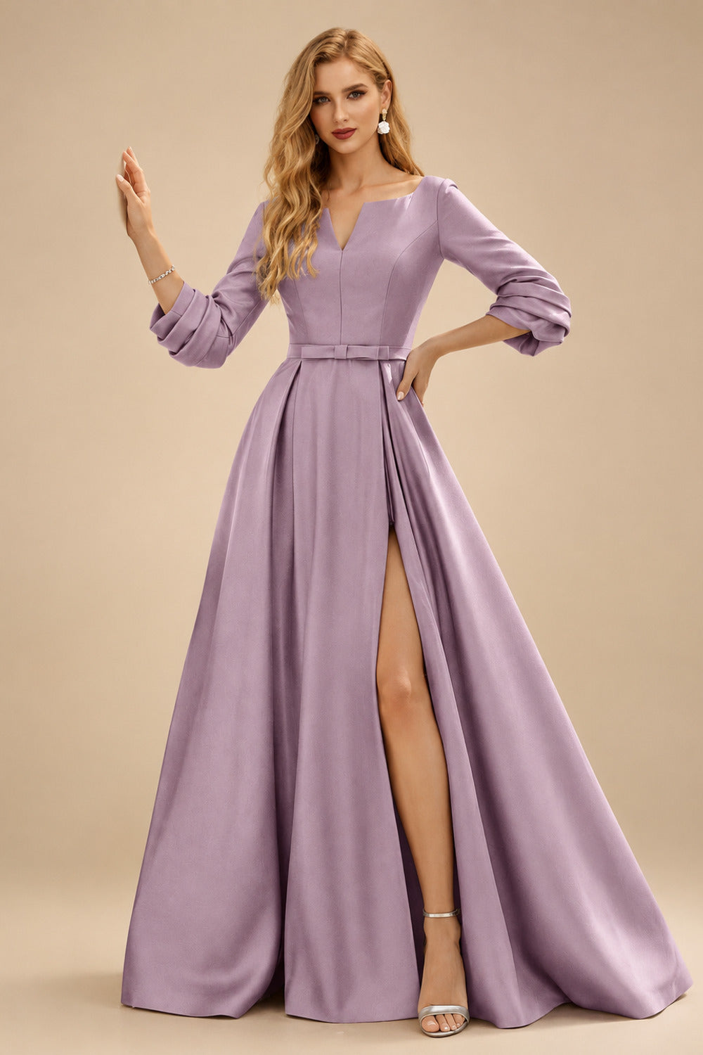 Rutipo Wisteria A-Line V-Neck 3/4 Sleeves Floor-Length Satin Prom Dresses With High Split