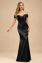 Rutipo Black Sheath/Column One-Shoulder Sleeveless Floor-Length Satin Prom Dresses