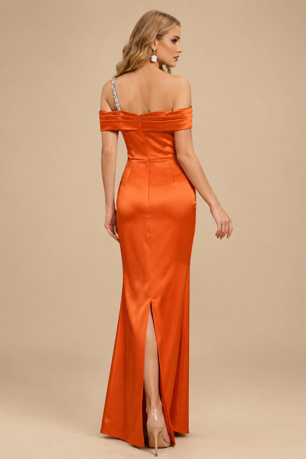 Rutipo Burnt Orange Sheath/Column One-Shoulder Sleeveless Floor-Length Satin Prom Dresses