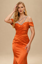 Rutipo Burnt Orange Sheath/Column One-Shoulder Sleeveless Floor-Length Satin Prom Dresses
