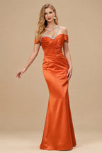 Rutipo Burnt Orange Sheath/Column One-Shoulder Sleeveless Floor-Length Satin Prom Dresses