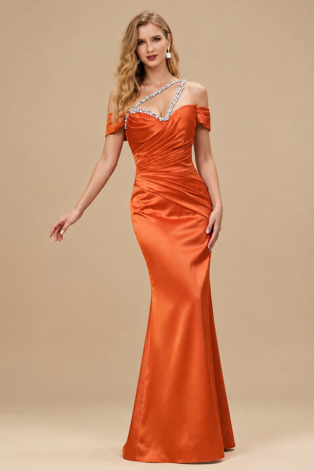 Rutipo Burnt Orange Sheath/Column One-Shoulder Sleeveless Floor-Length Satin Prom Dresses