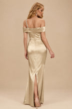 Rutipo Champagne Sheath/Column One-Shoulder Sleeveless Floor-Length Satin Prom Dresses