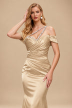 Rutipo Champagne Sheath/Column One-Shoulder Sleeveless Floor-Length Satin Prom Dresses