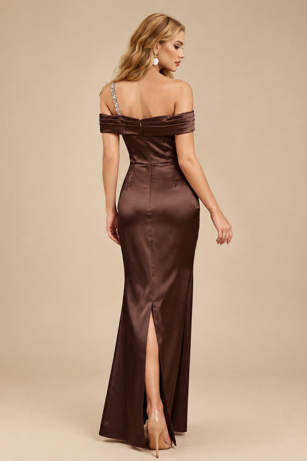 Rutipo Chocolate Sheath/Column One-Shoulder Sleeveless Floor-Length Satin Prom Dresses