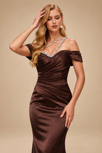 Rutipo Chocolate Sheath/Column One-Shoulder Sleeveless Floor-Length Satin Prom Dresses