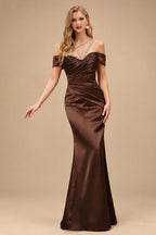 Rutipo Chocolate Sheath/Column One-Shoulder Sleeveless Floor-Length Satin Prom Dresses