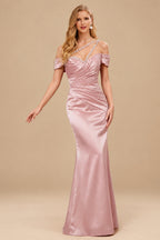 Rutipo Dusty Rose Sheath/Column One-Shoulder Sleeveless Floor-Length Satin Prom Dresses