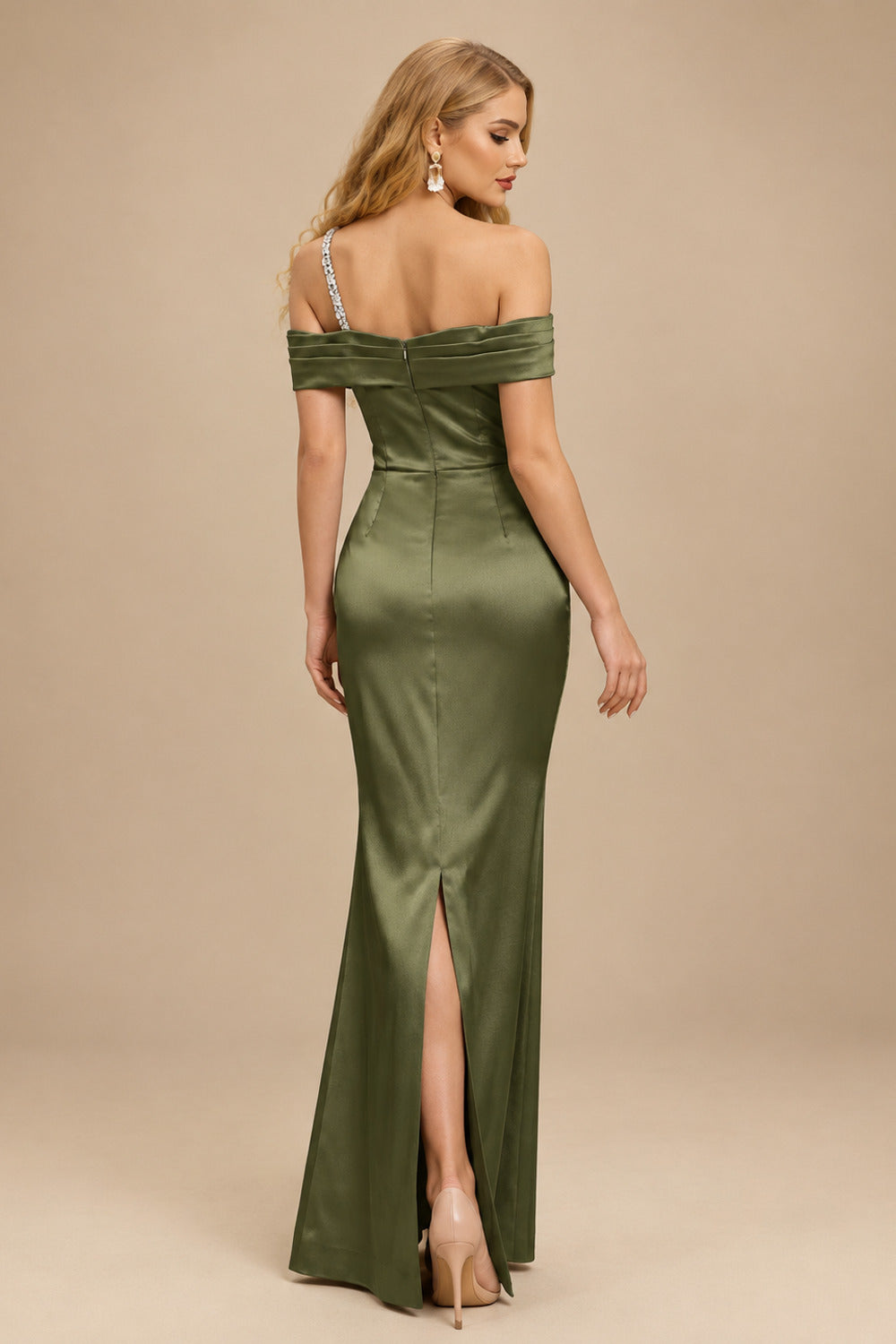 Rutipo Olive Green Sheath/Column One-Shoulder Sleeveless Floor-Length Satin Prom Dresses