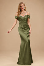 Rutipo Olive Green Sheath/Column One-Shoulder Sleeveless Floor-Length Satin Prom Dresses
