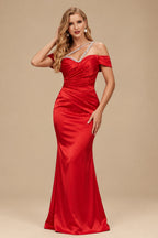 Rutipo Red Sheath/Column One-Shoulder Sleeveless Floor-Length Satin Prom Dresses