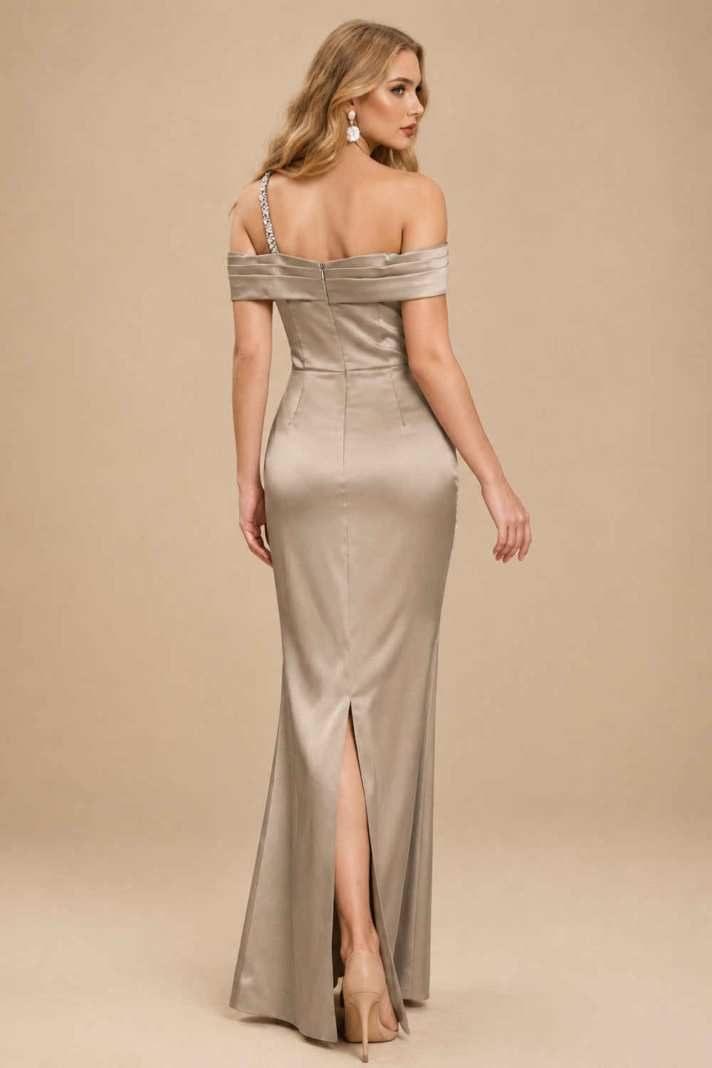 Rutipo Taupe Sheath/Column One-Shoulder Sleeveless Floor-Length Satin Prom Dresses